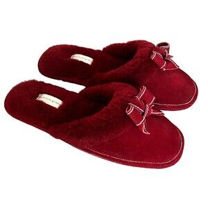 NOS Patricia Green Women's 10 Red Shearling Slide Slippers Suede Bow Gift Winter